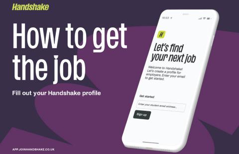 Handshake marketing image reading "How to get the job" with picture of cellphone